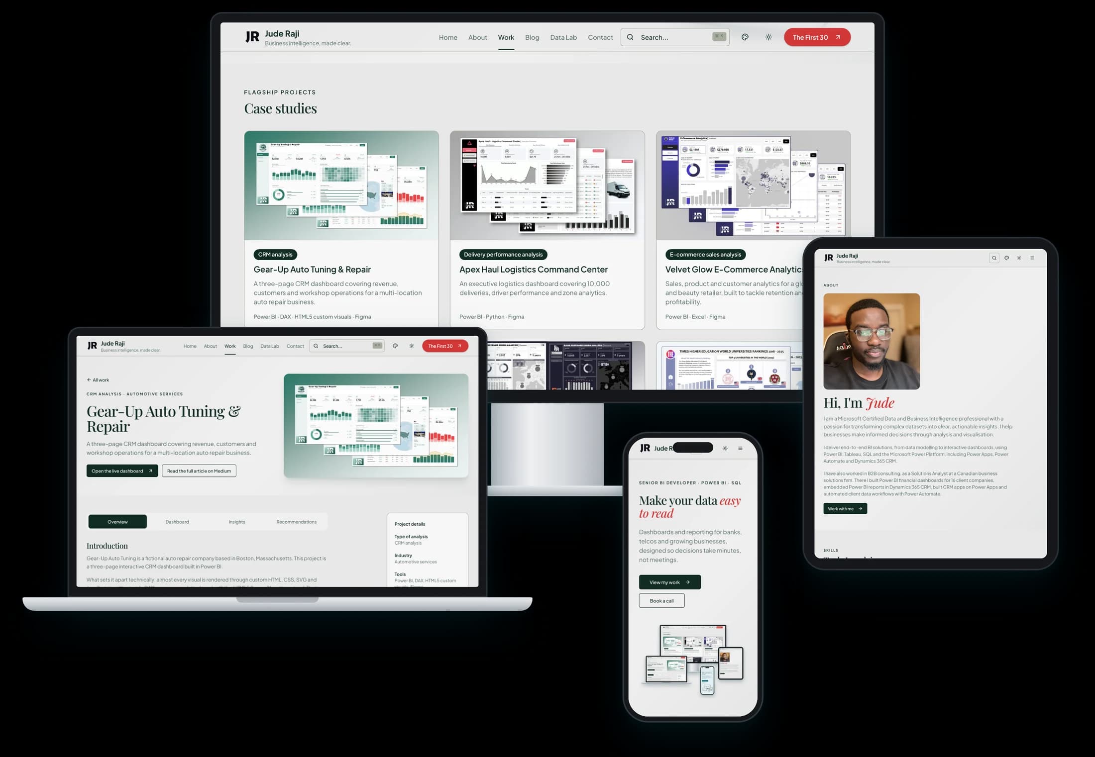 Jude Raji's portfolio shown on a desktop monitor, laptop, tablet and phone